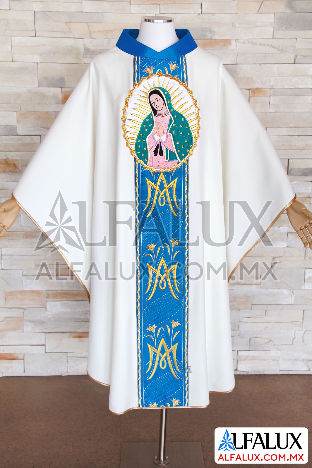 14 AVE MARIA Alfalux Casulla Central Blanco Azul Rey Tafeta Brocado con Medallon 210